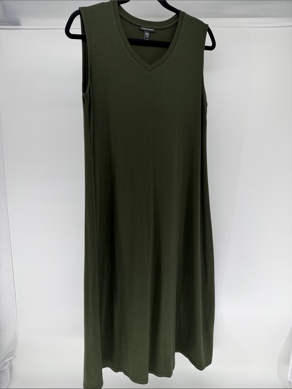 Eileen Fisher Olive Tencel V-Neck Sleeveless Maxi Dress - Simple A-Line